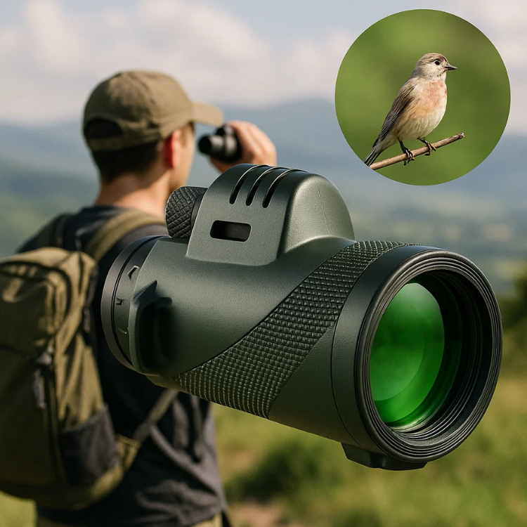 Man using green compact monocular telescope outdoors for birdwatching