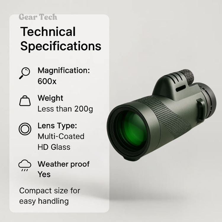 Technical specifications infographic for the 600x ultra-zoom monocular