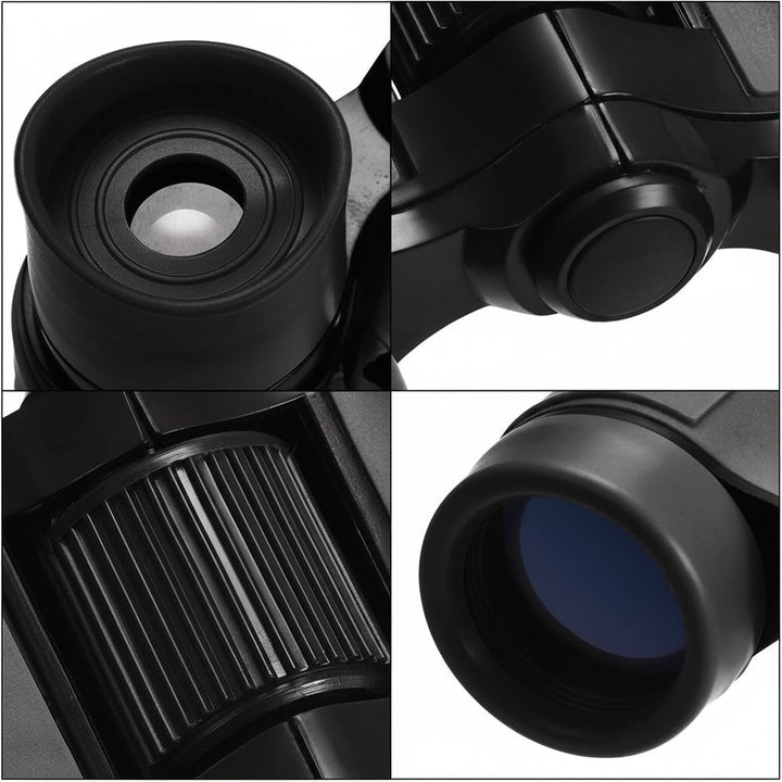 Close-up details of eyepiece, focus wheel, and objective lens on binoculars