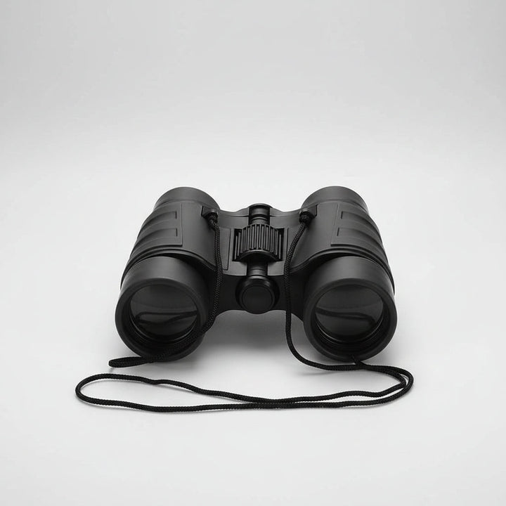 Compact 4x30 black binoculars with neck strap on white background