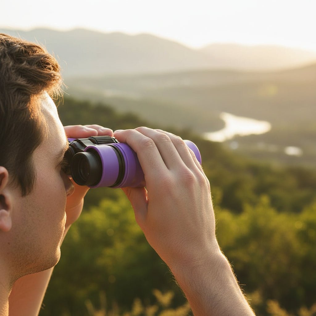 Hiking equipment compact binoculars packed beside a trail map