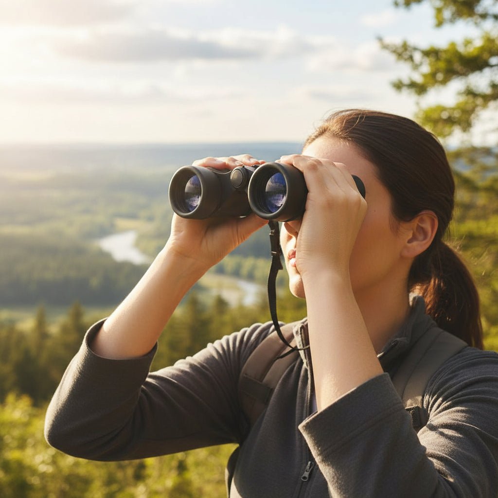Woman looking through compact black travel binoculars outdoors