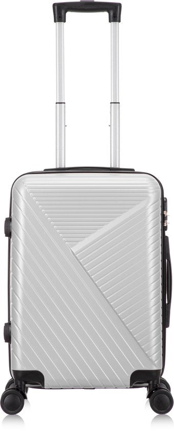 White compact carry-on suitcase standing upright with telescoping handle extended