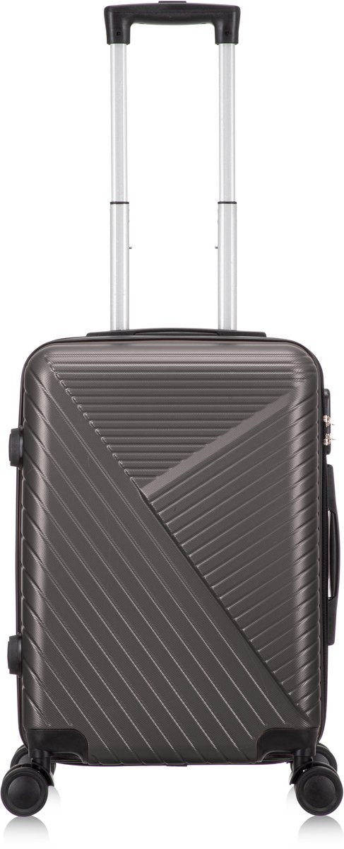 Side view of compact carry-on suitcase with smooth spinner wheels for travel