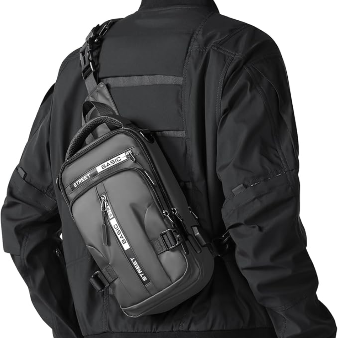 Unisex compact crossbody sling backpack in sleek black urban design