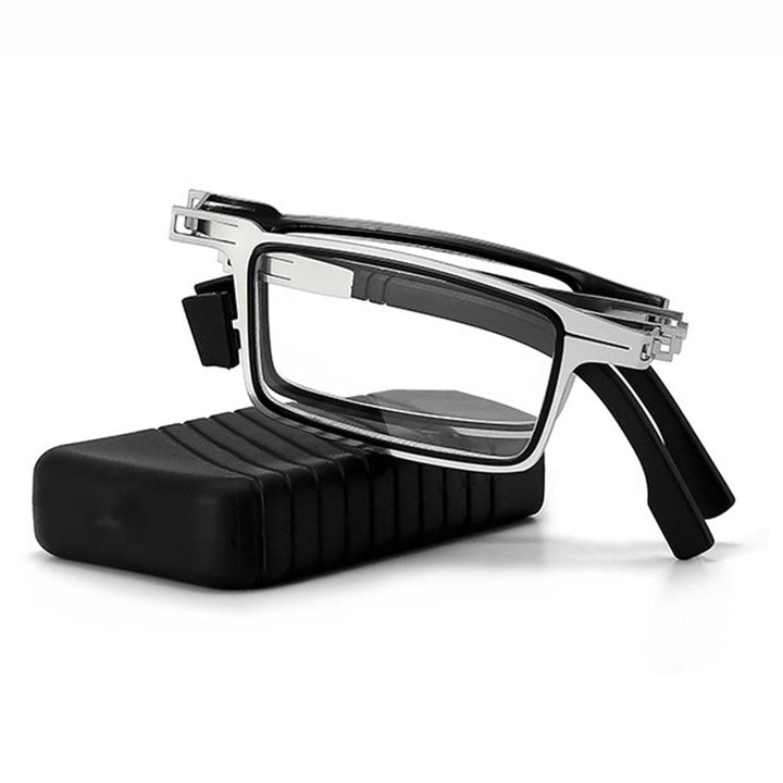 Silver square folding reading glasses resting on top of a black protective case