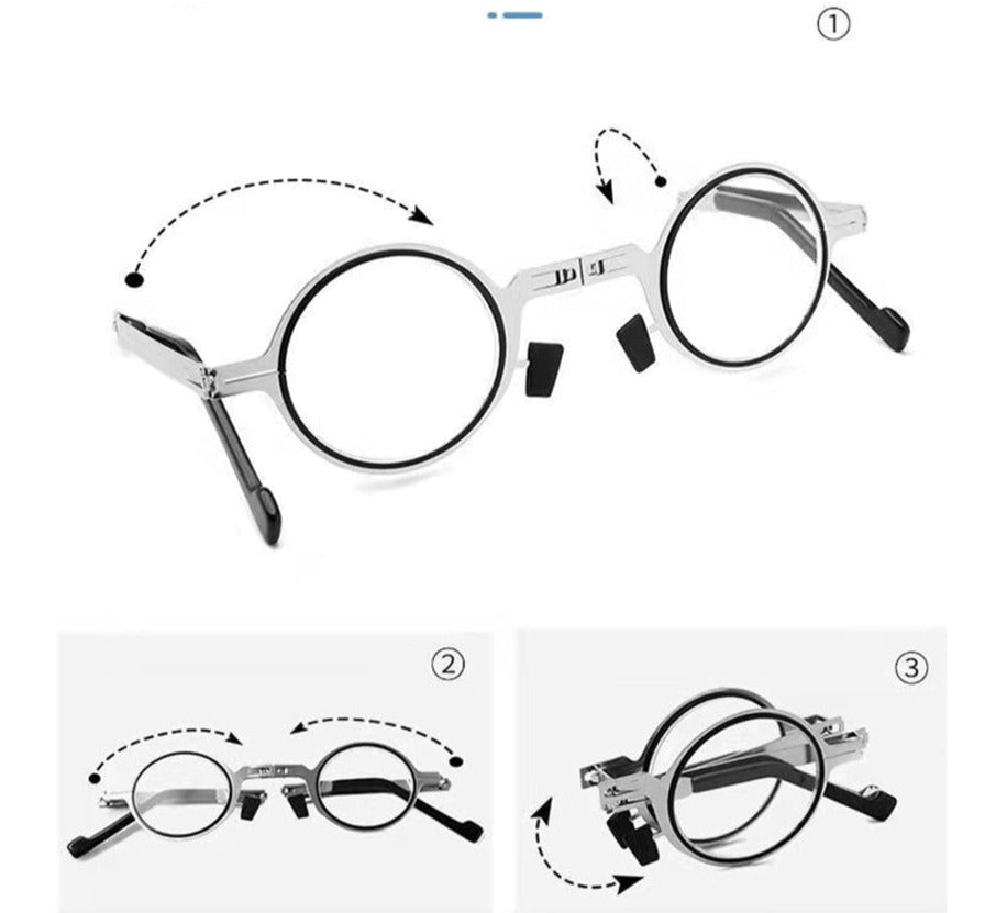 Portable lightweight magnifying glasses folded down in a space-saving minimalist design