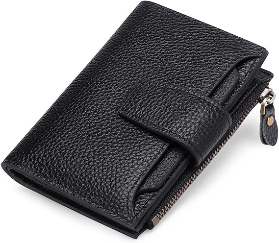 Top angle view of womens compact wallet demonstrating slim profile and fold design