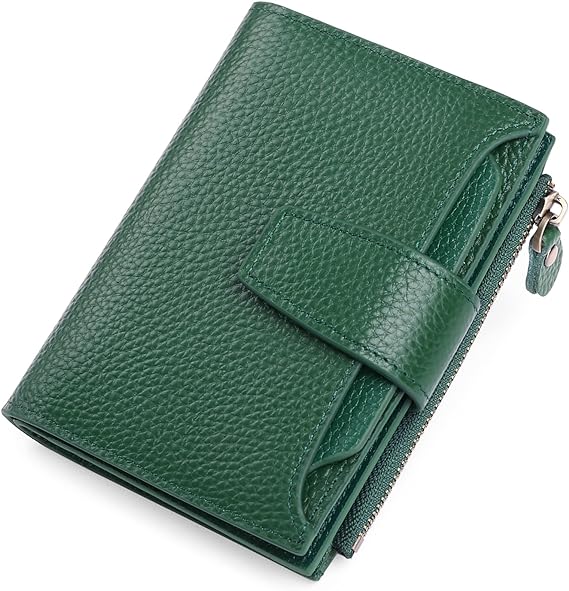 Minimalist womens compact multi-pocket wallet laid flat on neutral background