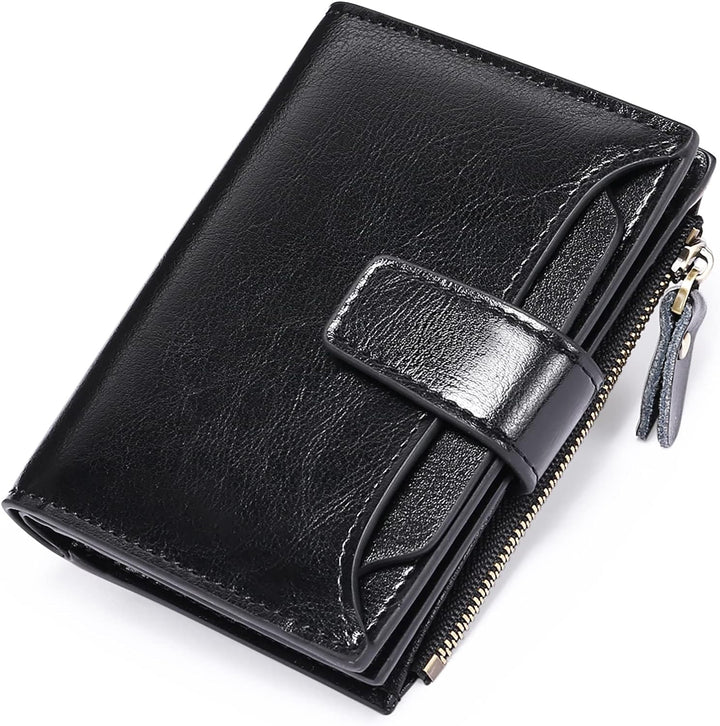 Black compact multi-pocket wallet displaying sleek finish and card slot design