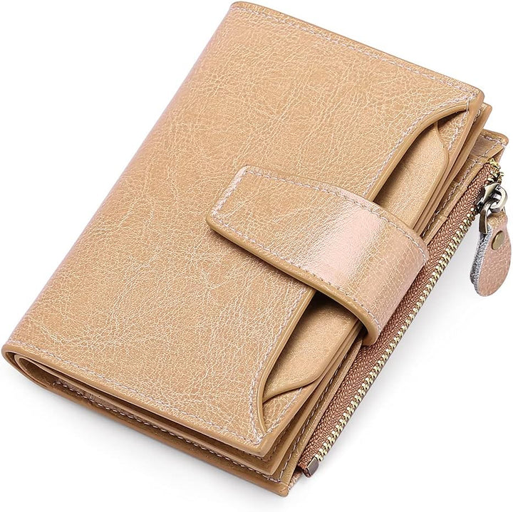 Back view of womens leather compact wallet featuring zippered coin pocket