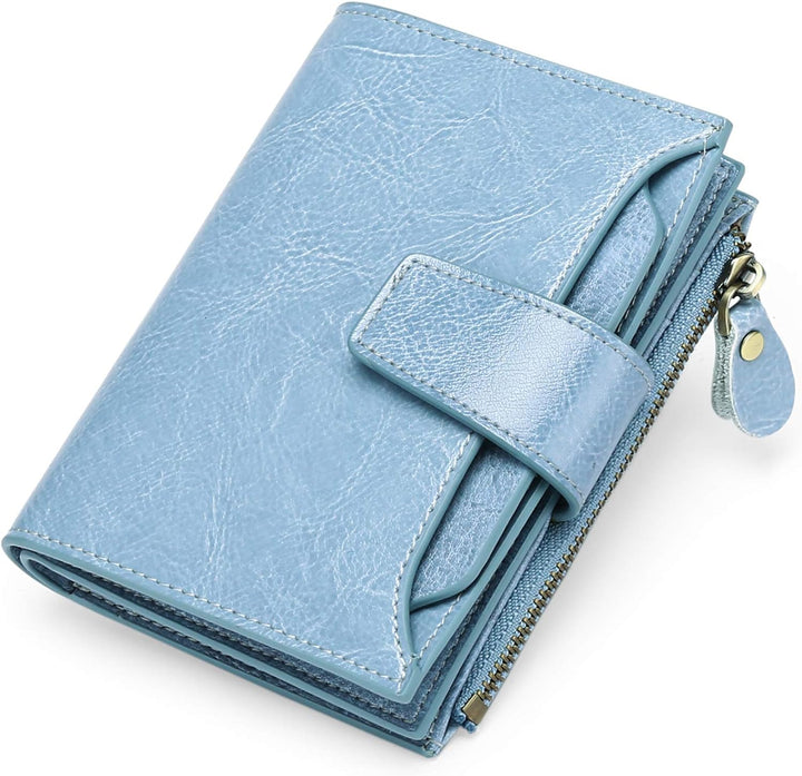 Womens compact multi-pocket wallet opened flat to show extensive card holder slots