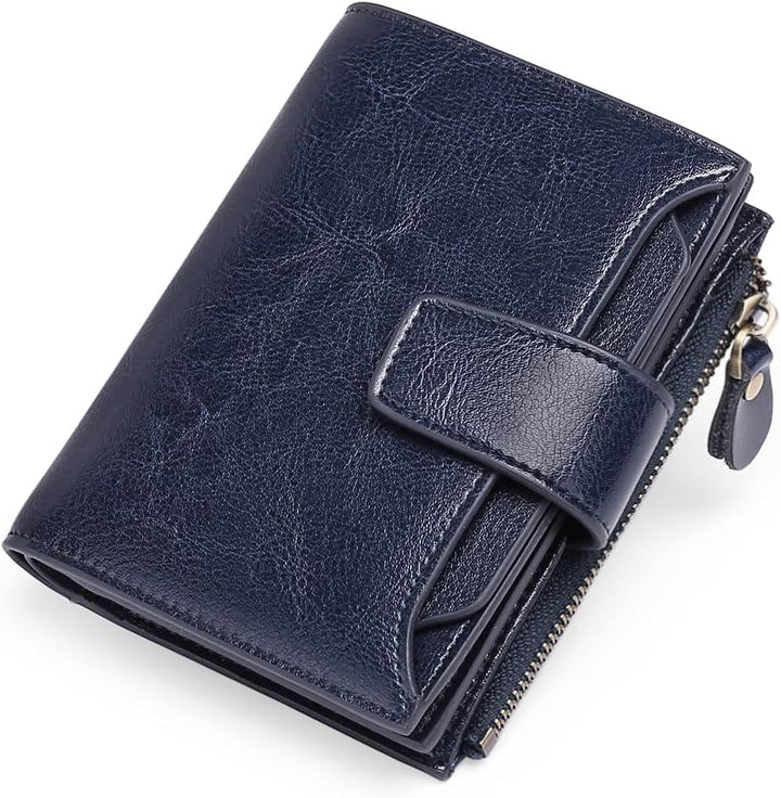 Interior transparent ID window inside womens compact leather wallet and card holder