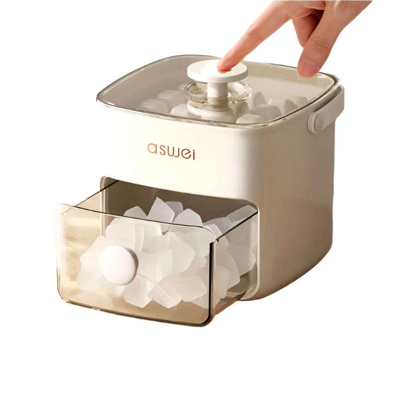 Hand pressing the lid of a compact white and clear ice maker filled with ice cubes