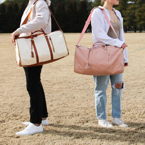 Women's luxury 2-in-1 travel garment duffel bag shown packed and fully zipped for weekend trips