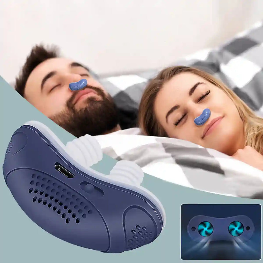 People sleeping comfortably wearing the anti snoring device with internal fan detail