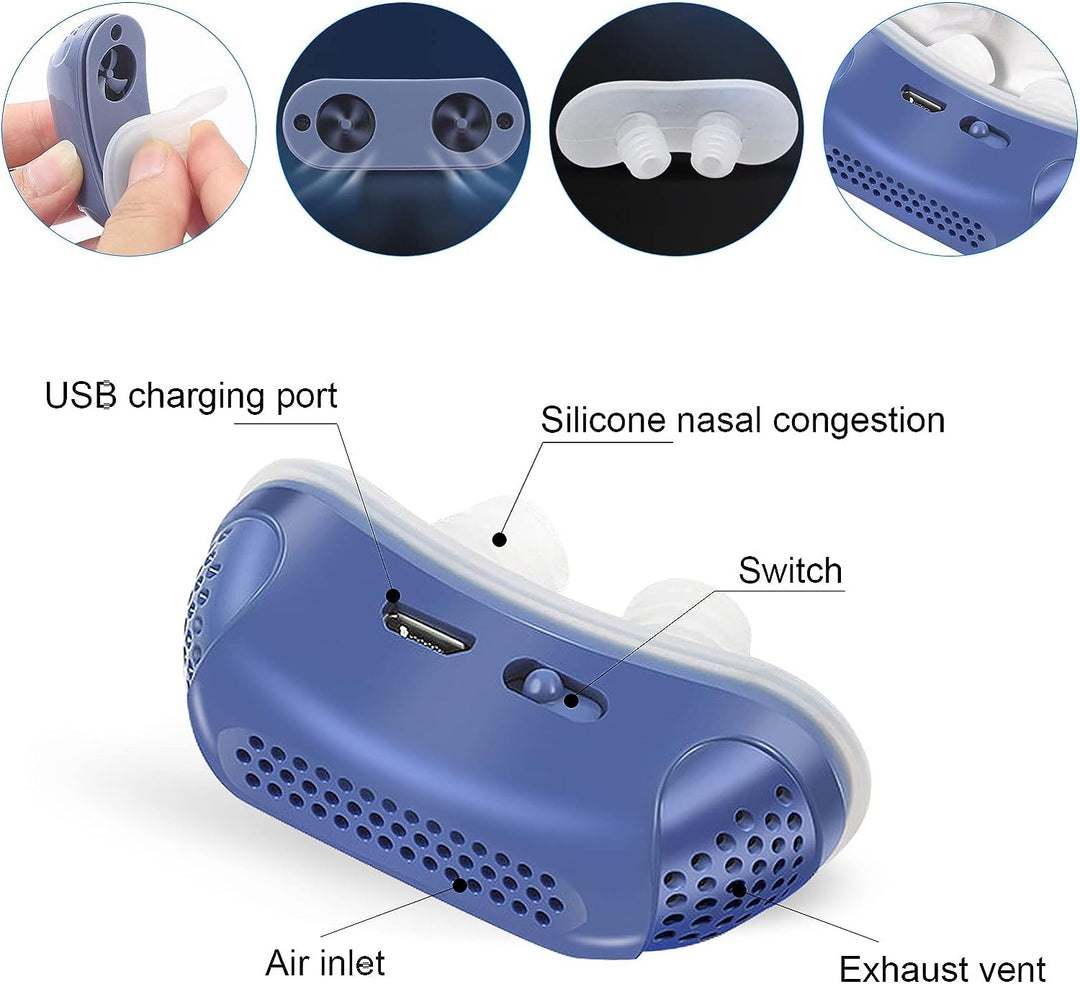 Ergonomic micro CPAP sleep aid shown with its charging case