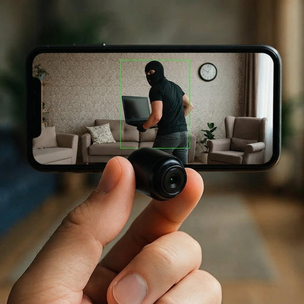 Hand holding wireless mini security camera showing smartphone alert feed