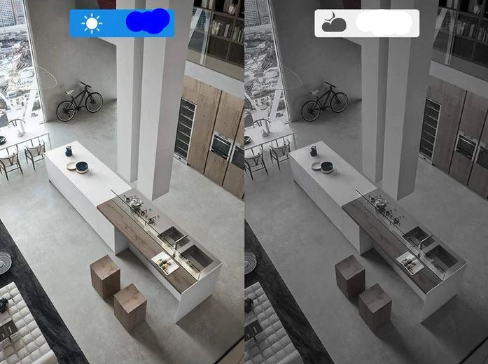 Comparison view of daytime and nighttime surveillance footage from the security camera