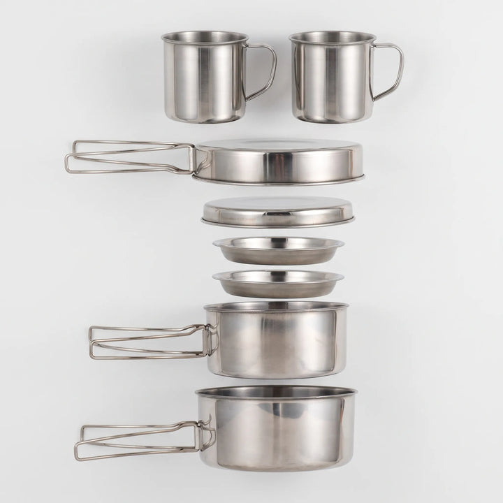 All 8 pieces of the stainless steel outdoor cooking mess kit laid out in a stacked arrangement