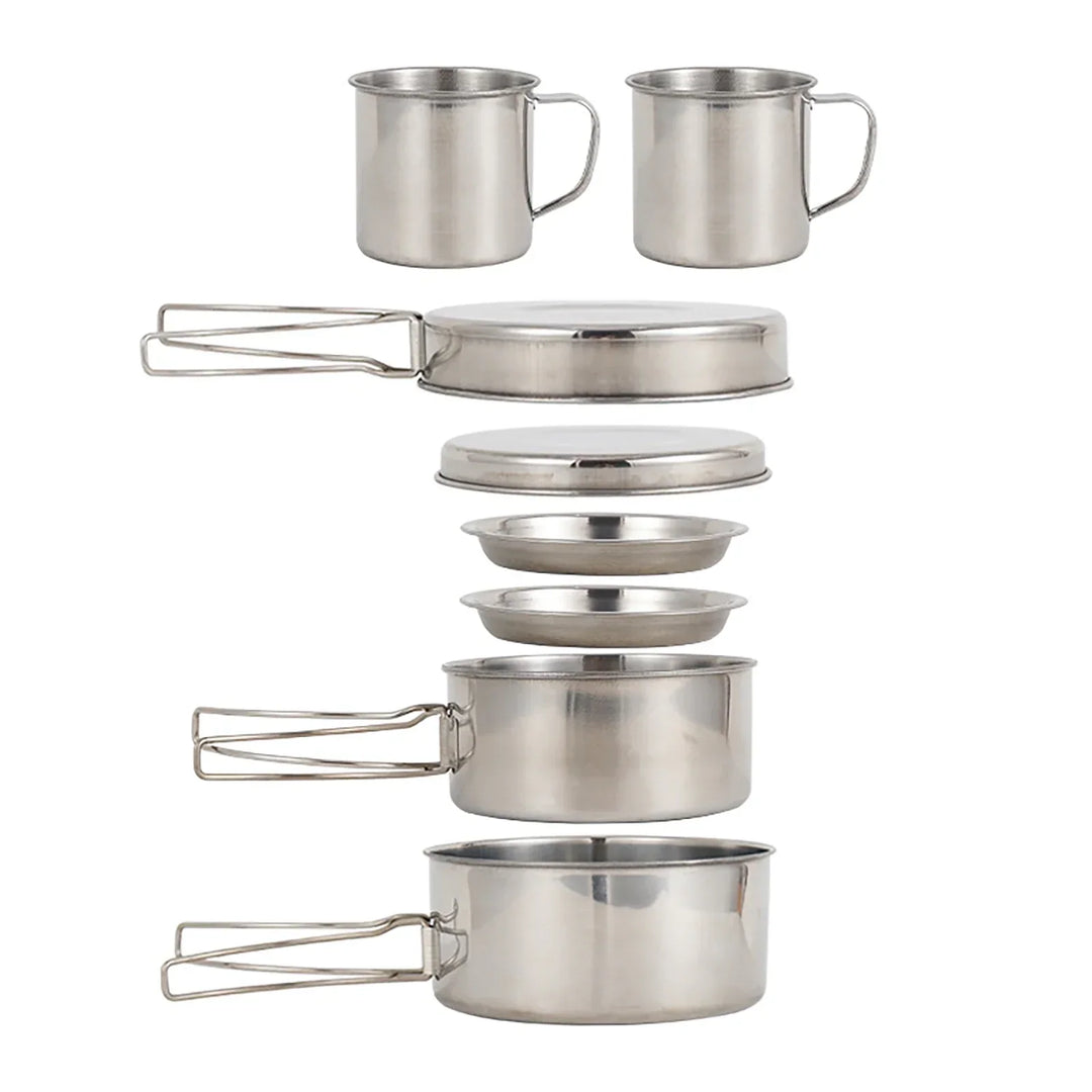 Compact stainless steel camping mess kit and portable pots for backpacking and hiking kitchen