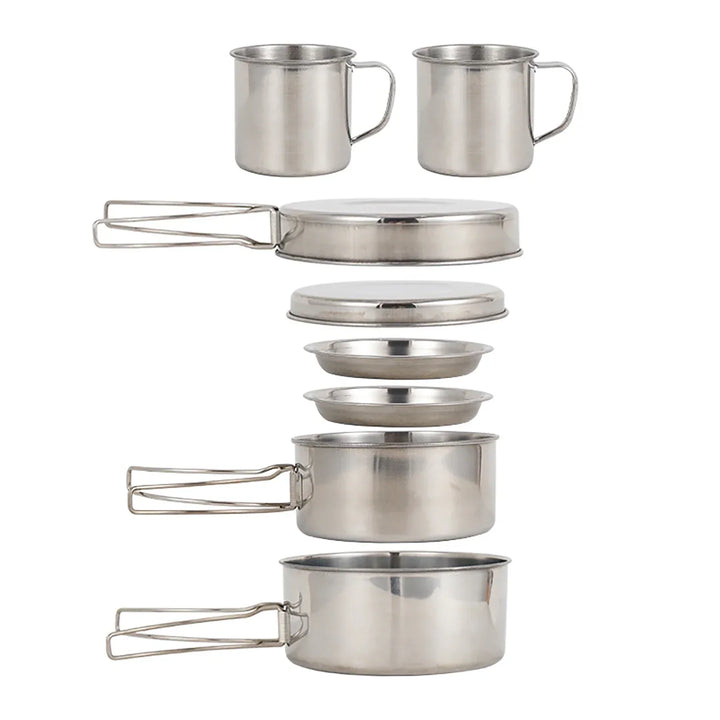 Compact stainless steel camping mess kit and portable pots for backpacking and hiking kitchen