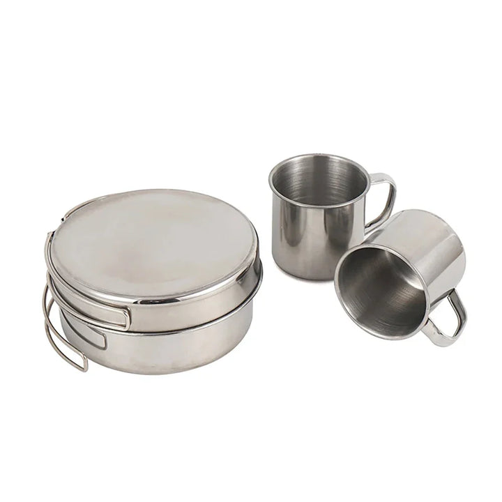 Outdoor cooking gear set including nesting pots for hiking kitchen and camping adventures