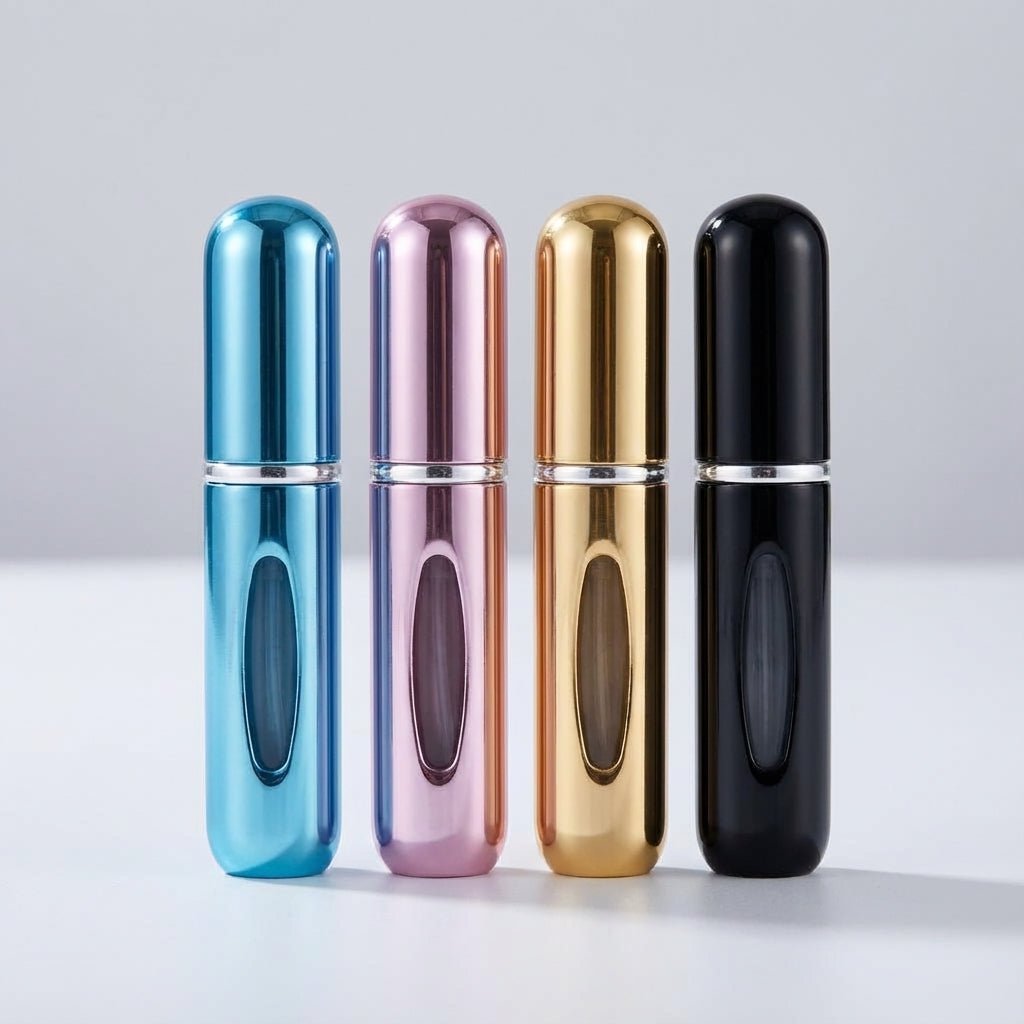 Four assorted metallic color refillable perfume atomizers standing in a row