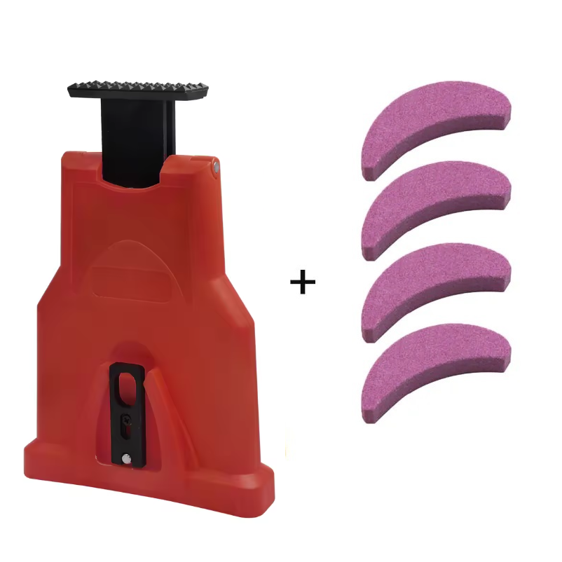 Red compact chainsaw sharpener displayed with four replacement stones