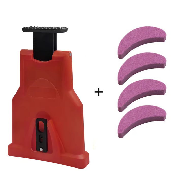 Red compact chainsaw sharpener displayed with four replacement stones