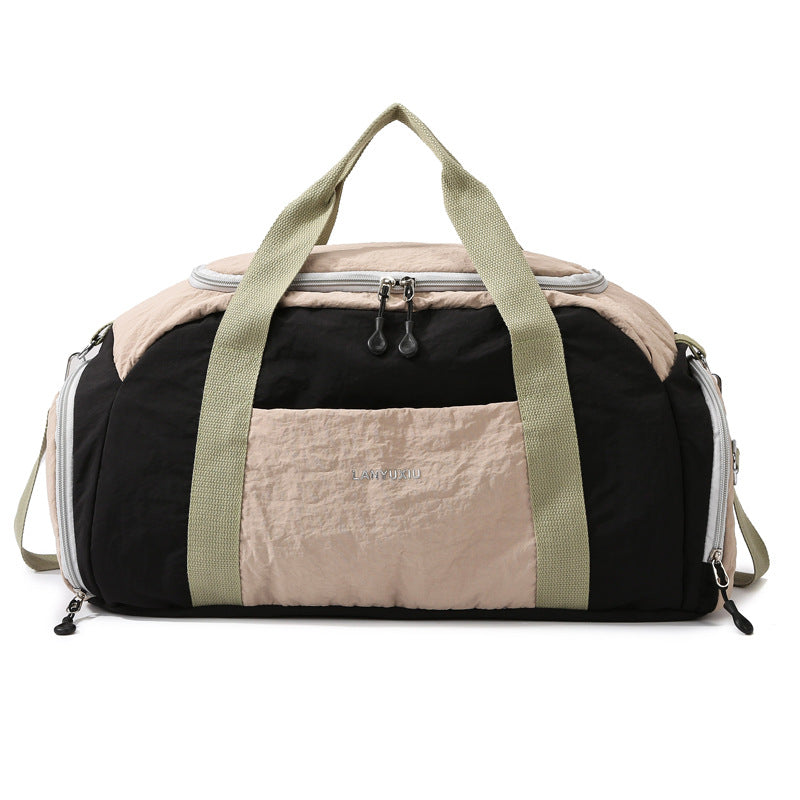 Beige and green compact sports duffle bag with zipper closure