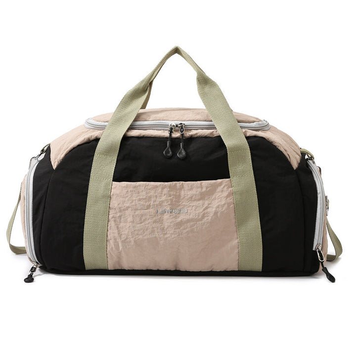 Beige and green compact sports duffle bag with zipper closure
