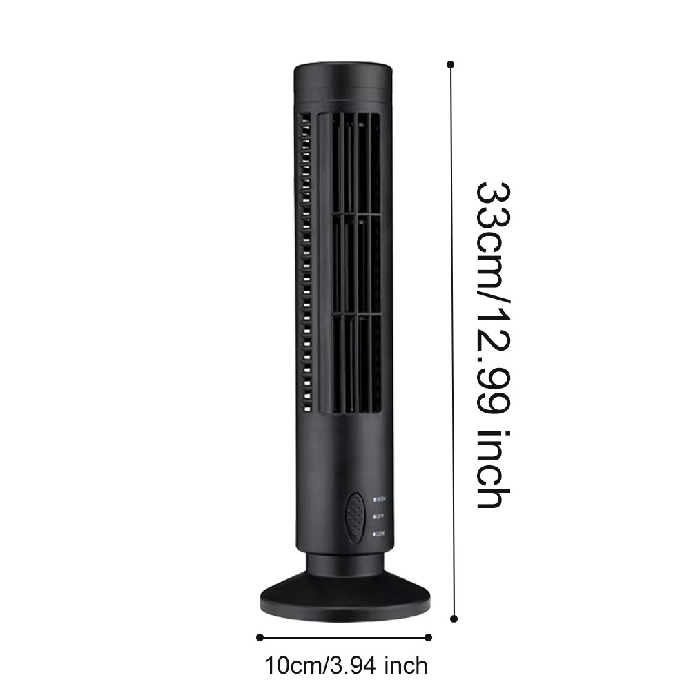 Black compact tower fan showing height dimensions of 33 cm
