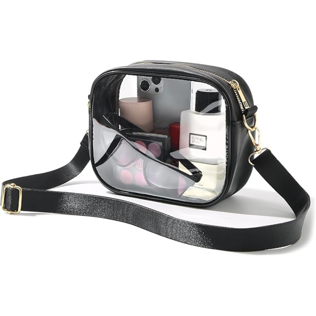 Womens transparent travel bag filled with daily essentials for easy access
