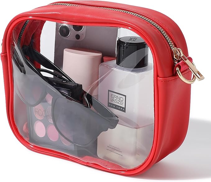 Flat lay of clear bag accessory styled for festival and game day outfit