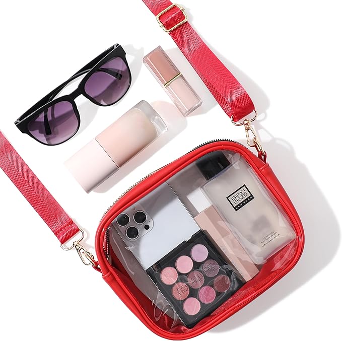 Detailed shot of transparent crossbody purse buckle and strap hardware