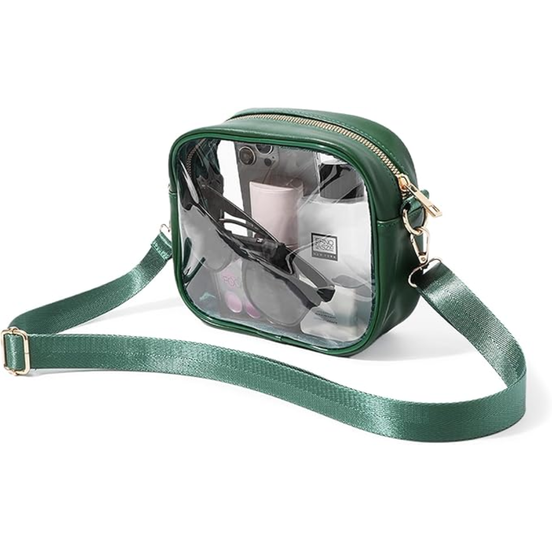 Close up of transparent crossbody bag zipper and reinforced stitching