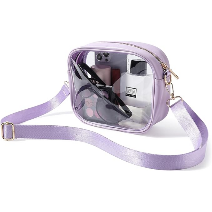 Purple transparent crossbody bag displayed on a clean white background