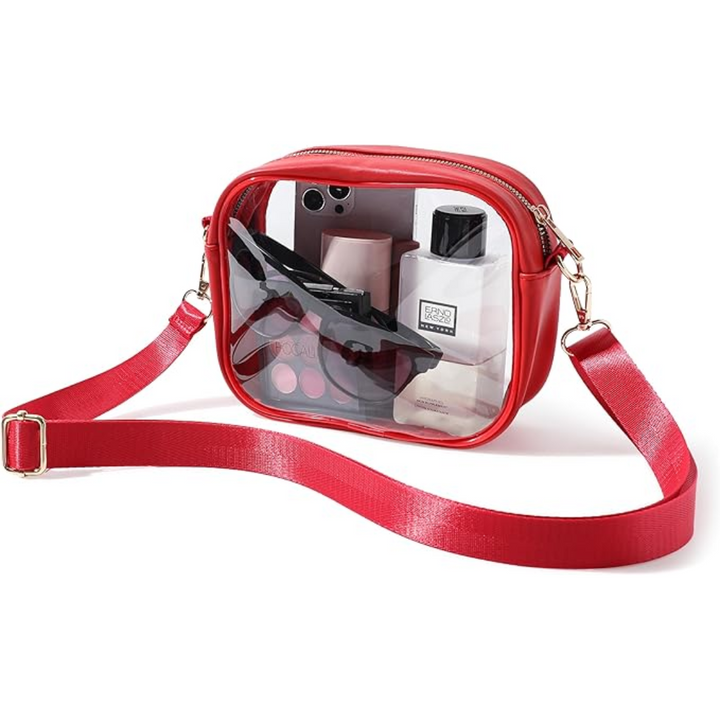 Red transparent crossbody bag showcasing clear main compartment and smooth zipper