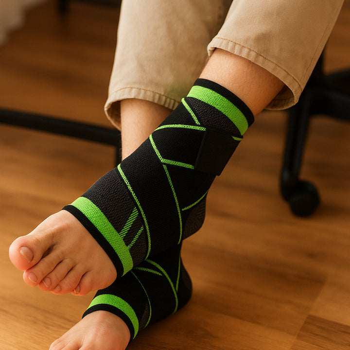 Person wearing black and green compression ankle sleeve while sitting