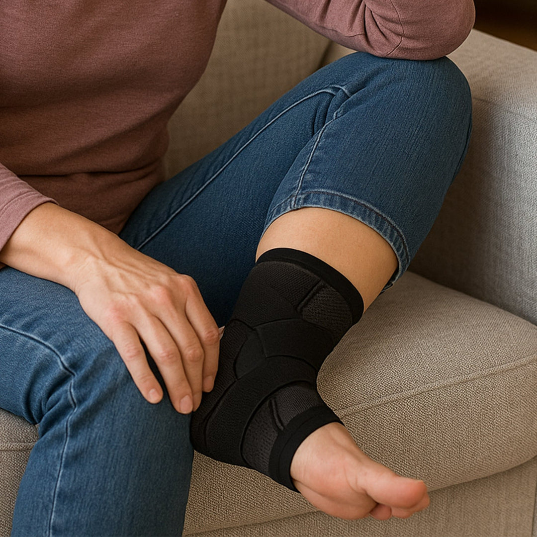 Close-up of black compression ankle sleeve worn with jeans