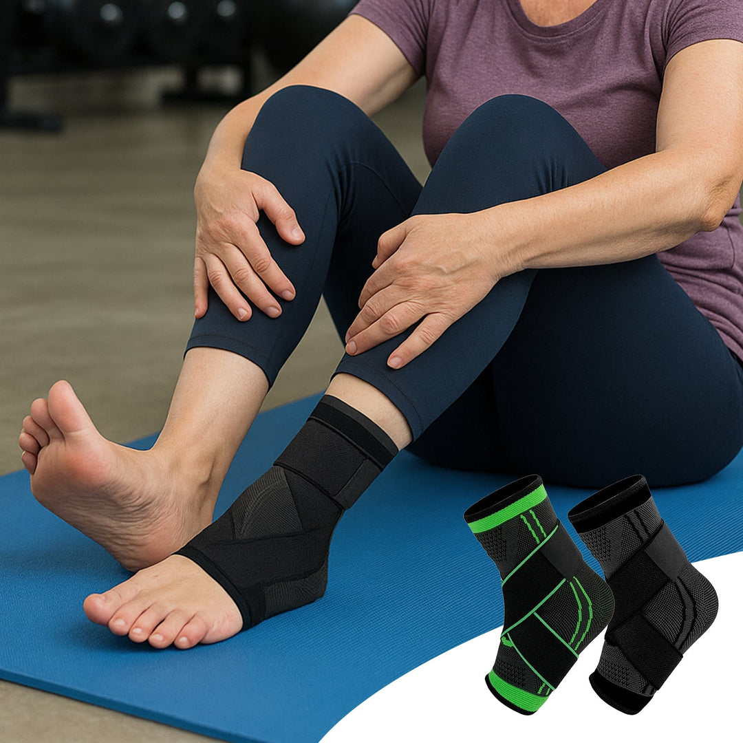 Compression ankle sleeve shown alongside product packaging and options
