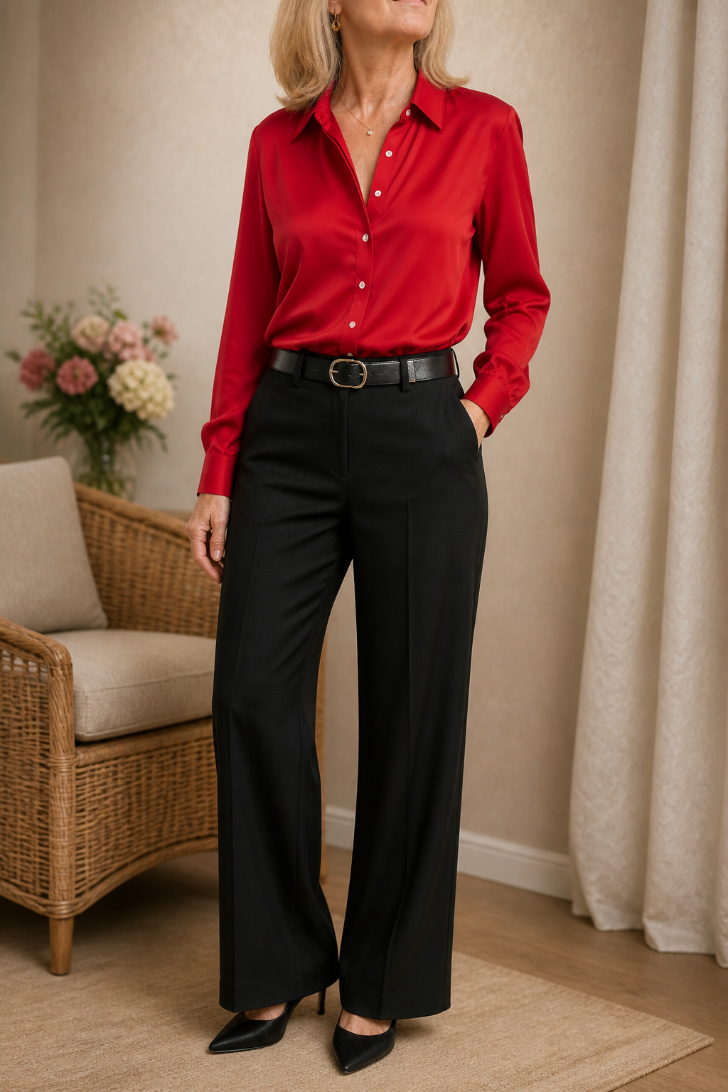 Elegant womens workwear button down top in silky fabric