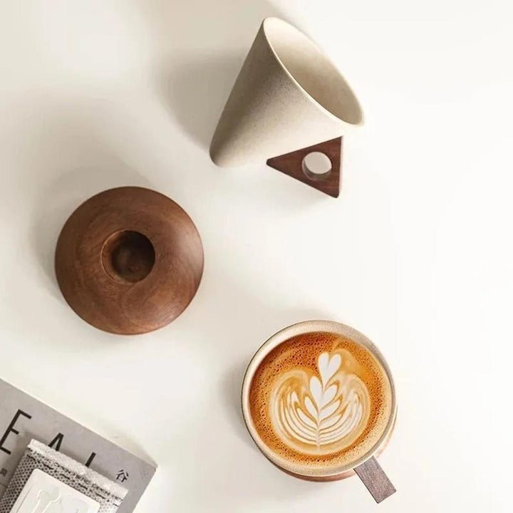 Minimalist ceramic mug and wooden coaster set, a perfect coffee lover gift