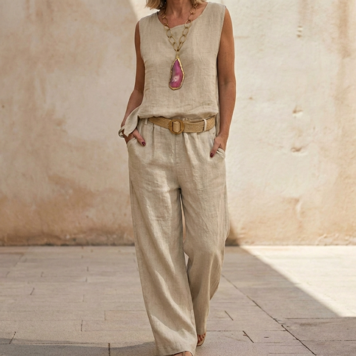 Woman wearing beige bohemian sleeveless top and cropped pants set outdoors