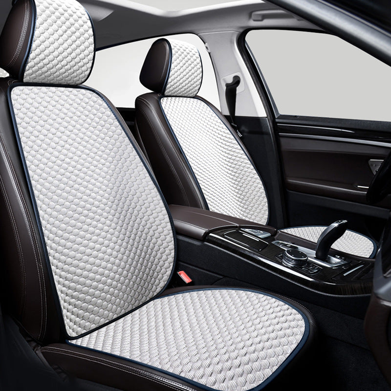 White ice silk car front seat cover installed in vehicle interior