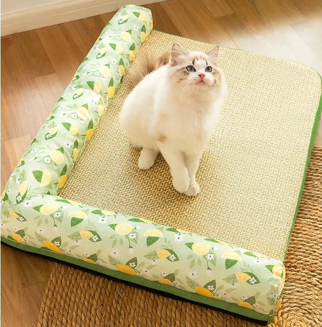 Fluffy cat sitting comfortably on a cooling pet mat