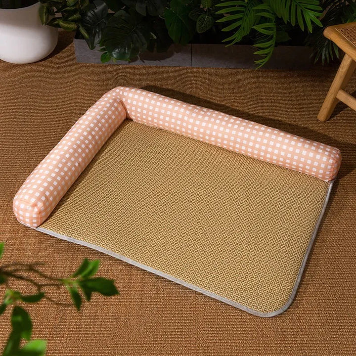 Close-up detail of the pressure-activated cooling pad surface on a blue pet bed for summer
