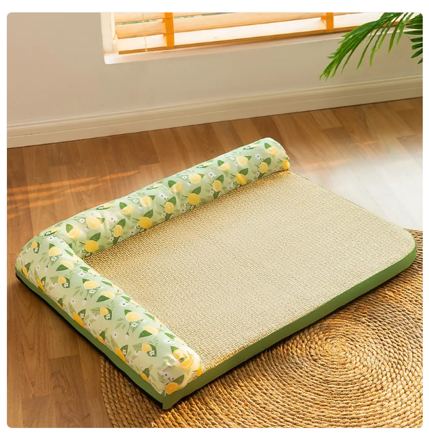 Cat sleeping peacefully inside the circular summer cooling pad with supportive raised bolster