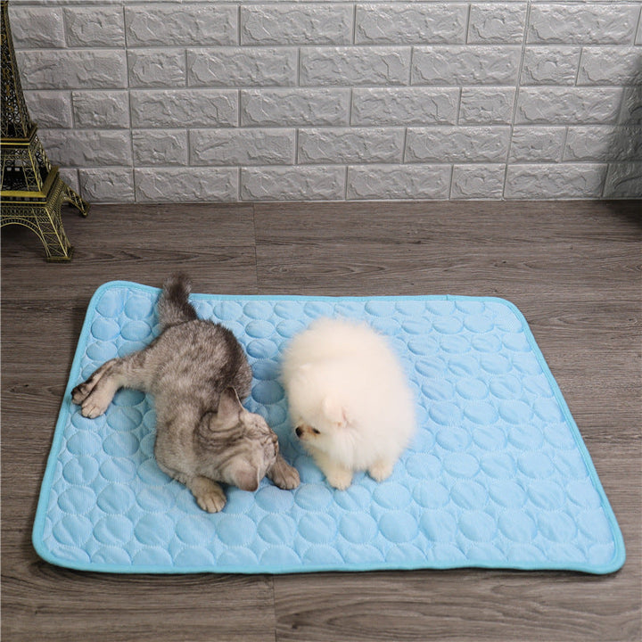 Easy to clean surface of blue pet cooling mat for travel